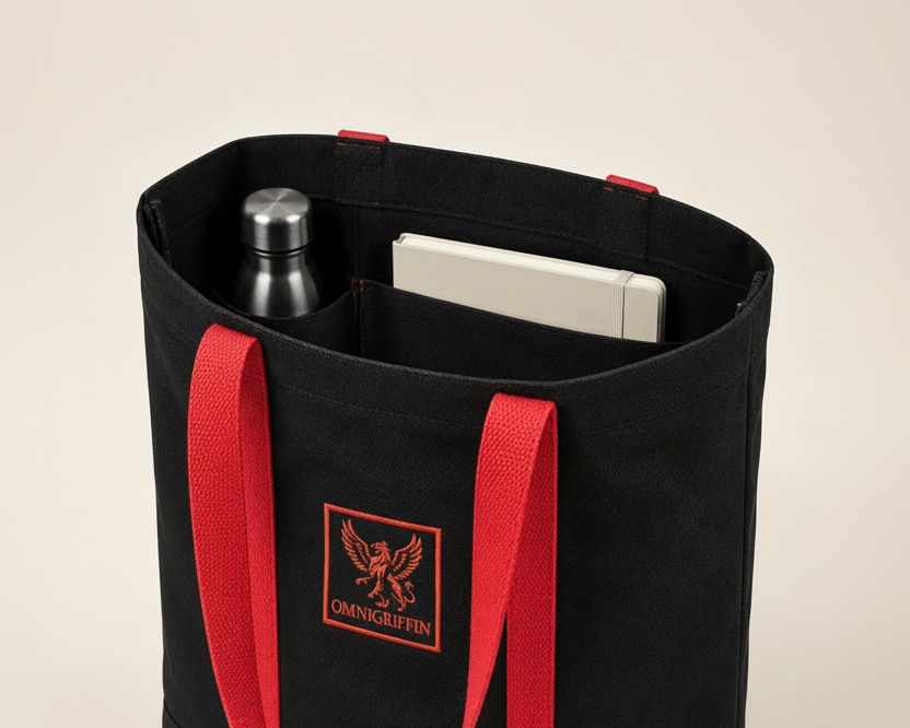 Upright tote showing its full-width divided interior pocket panel